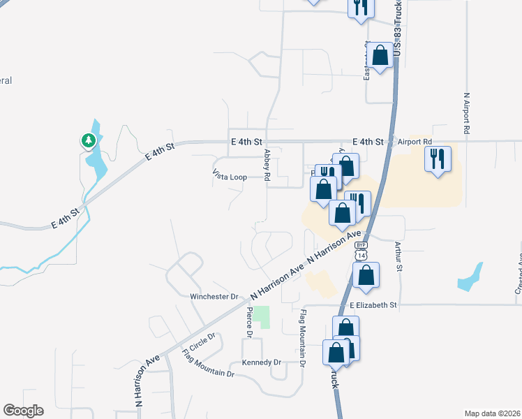 map of restaurants, bars, coffee shops, grocery stores, and more near Abbey Road in Pierre