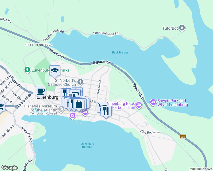 map of restaurants, bars, coffee shops, grocery stores, and more near 205 Lawrence Street in Lunenburg