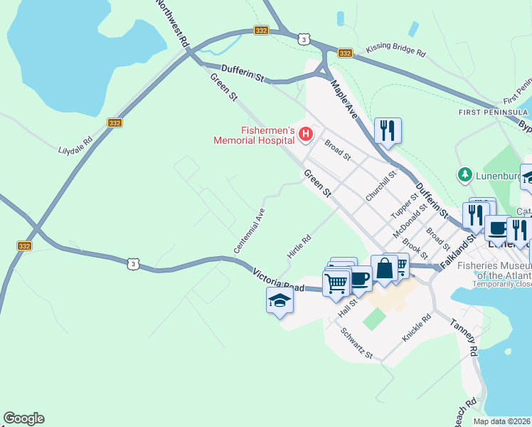 map of restaurants, bars, coffee shops, grocery stores, and more near 171 Centennial Avenue in Lunenburg