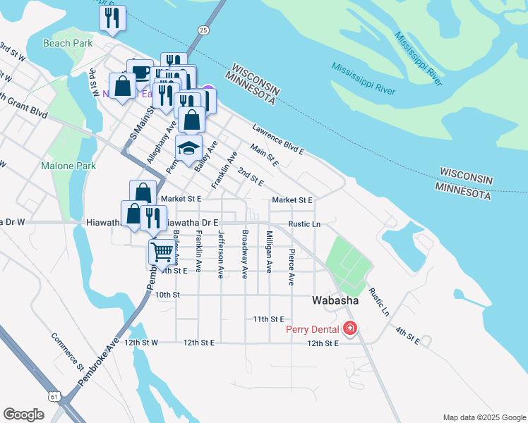 map of restaurants, bars, coffee shops, grocery stores, and more near 611 Broadway Avenue in Wabasha
