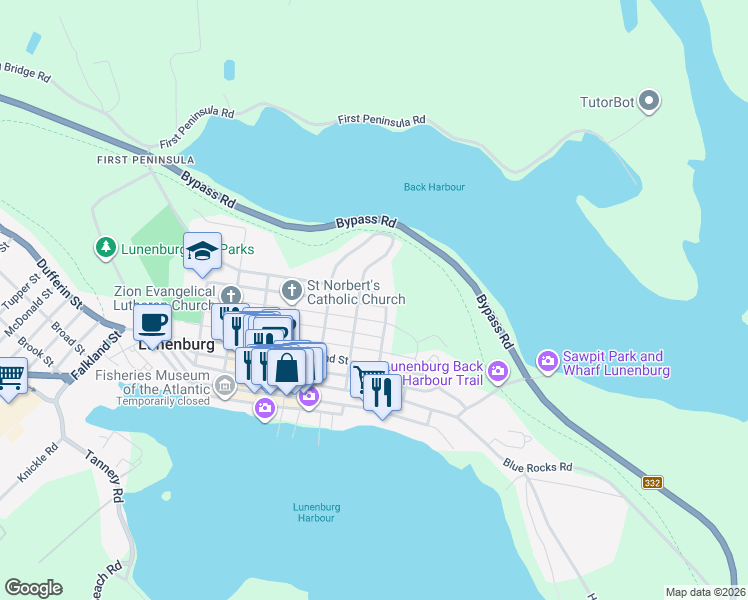 map of restaurants, bars, coffee shops, grocery stores, and more near 195 Lawrence Street in Lunenburg