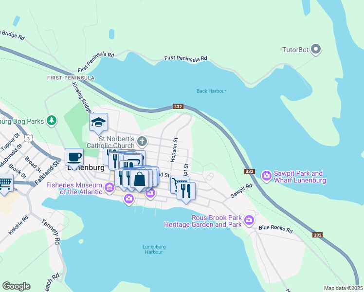 map of restaurants, bars, coffee shops, grocery stores, and more near 195 Lawrence Street in Lunenburg