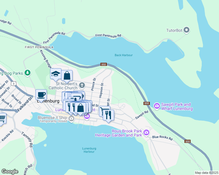 map of restaurants, bars, coffee shops, grocery stores, and more near 8 Creighton Street in Lunenburg
