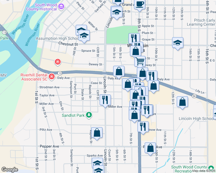 map of restaurants, bars, coffee shops, grocery stores, and more near 1740 5th Street South in Wisconsin Rapids