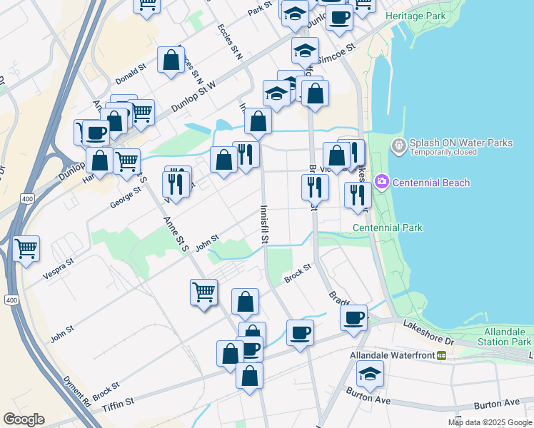 map of restaurants, bars, coffee shops, grocery stores, and more near 75 John Street in Barrie