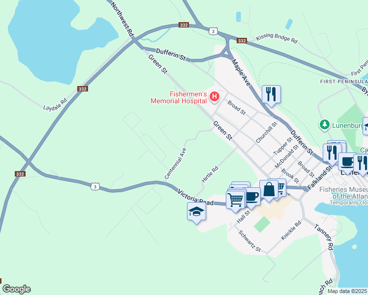 map of restaurants, bars, coffee shops, grocery stores, and more near Centennial Avenue in Lunenburg