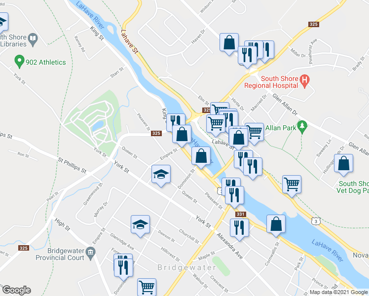 map of restaurants, bars, coffee shops, grocery stores, and more near 706 King Street in Bridgewater