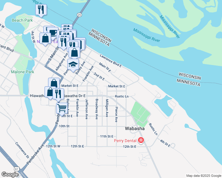 map of restaurants, bars, coffee shops, grocery stores, and more near 629 Rustic Lane in Wabasha