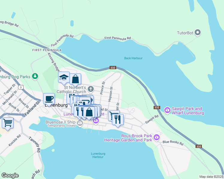 map of restaurants, bars, coffee shops, grocery stores, and more near 1 Hopson Street in Lunenburg