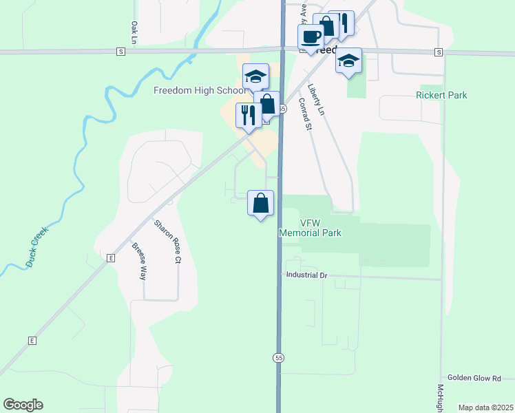 map of restaurants, bars, coffee shops, grocery stores, and more near N3925 Washington Avenue in Freedom