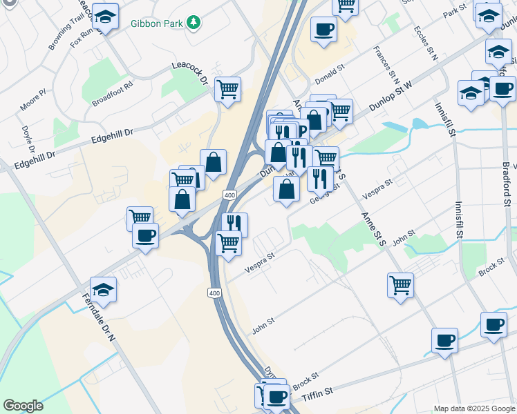 map of restaurants, bars, coffee shops, grocery stores, and more near 55 Hart Drive in Barrie