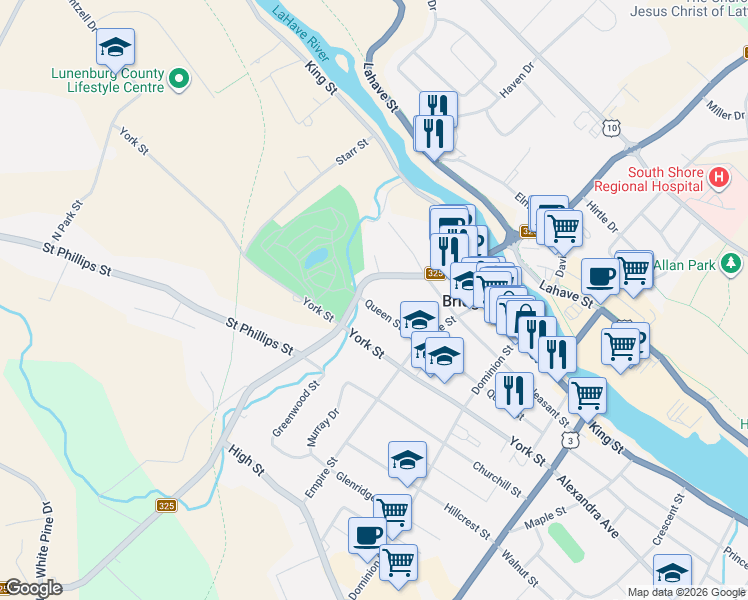map of restaurants, bars, coffee shops, grocery stores, and more near 184 Queen Street in Bridgewater