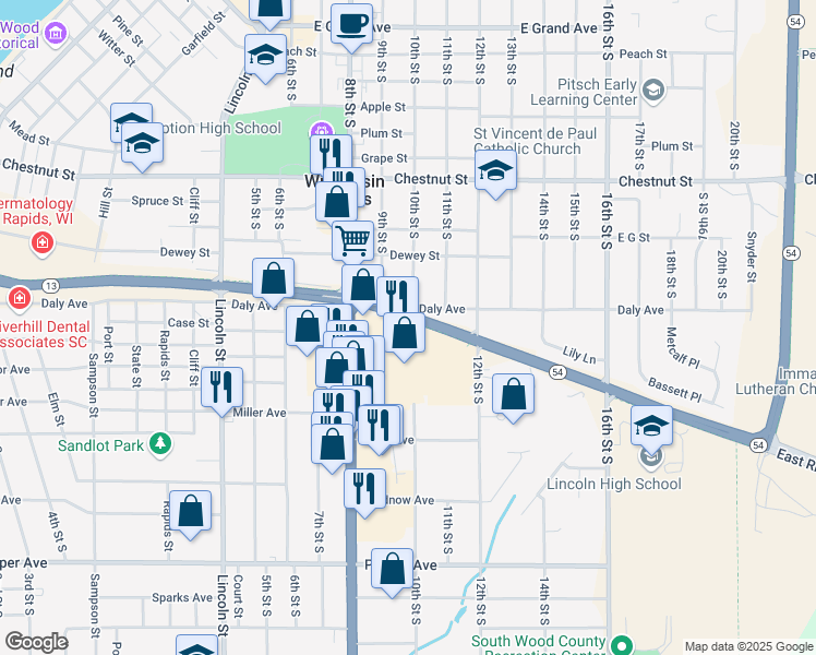 map of restaurants, bars, coffee shops, grocery stores, and more near 900 East Riverview Expressway in Wisconsin Rapids