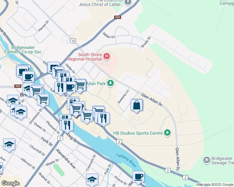 map of restaurants, bars, coffee shops, grocery stores, and more near 33 Ritcey Court in Bridgewater