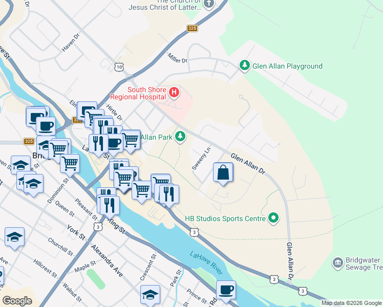 map of restaurants, bars, coffee shops, grocery stores, and more near 33 Ritcey Court in Bridgewater