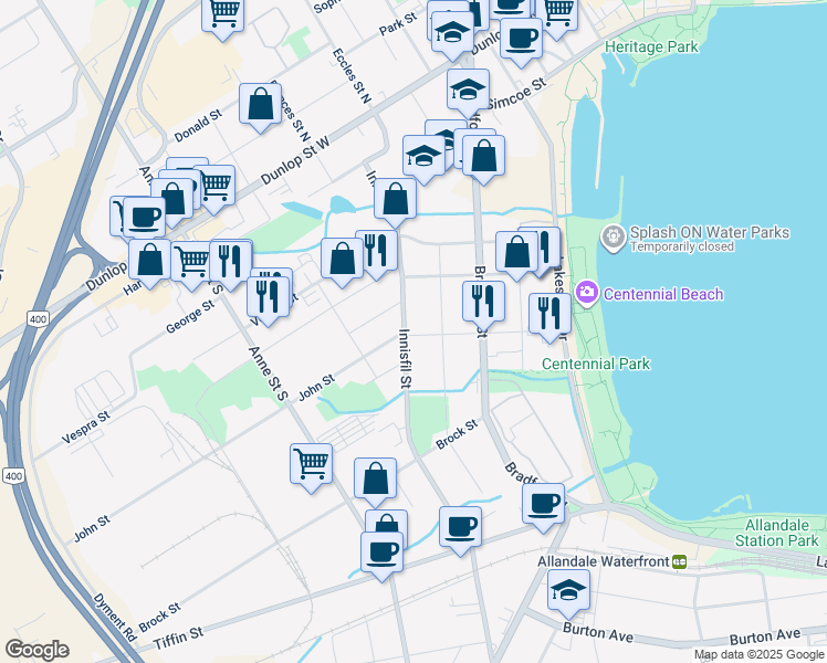 map of restaurants, bars, coffee shops, grocery stores, and more near 104 Innisfil Street in Barrie
