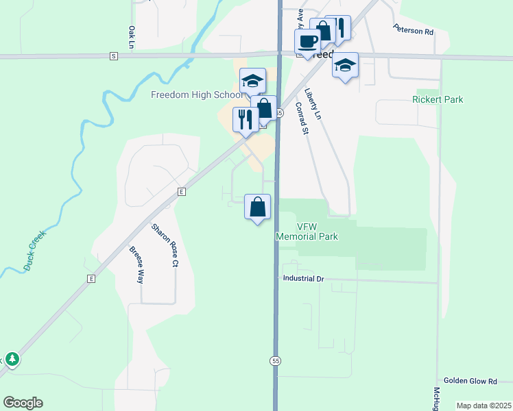 map of restaurants, bars, coffee shops, grocery stores, and more near N3932 Washington Avenue in Freedom