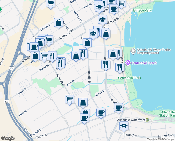 map of restaurants, bars, coffee shops, grocery stores, and more near 104 Innisfil Street in Barrie