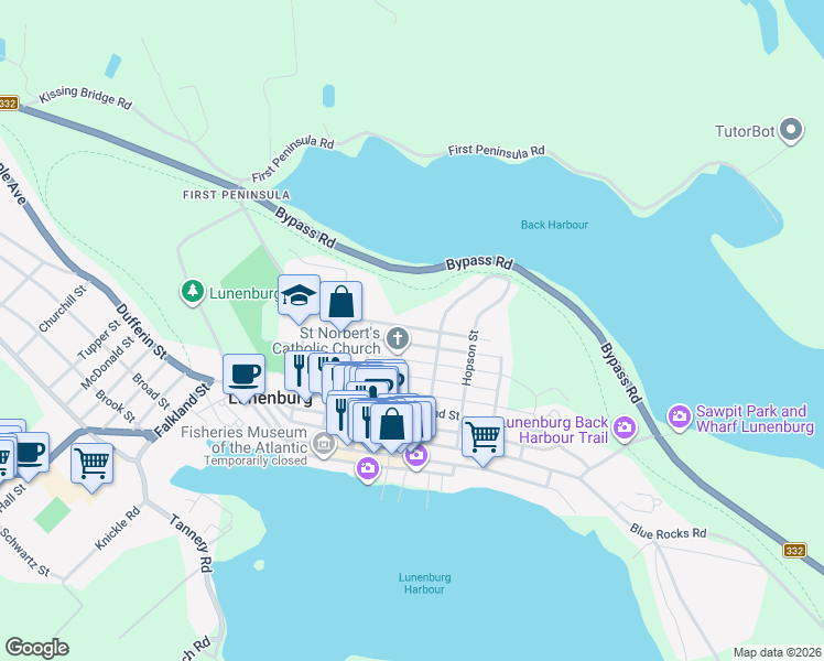 map of restaurants, bars, coffee shops, grocery stores, and more near 94 King Street in Lunenburg