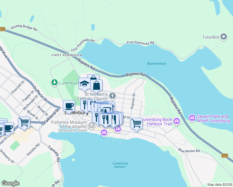 map of restaurants, bars, coffee shops, grocery stores, and more near 94 King Street in Lunenburg
