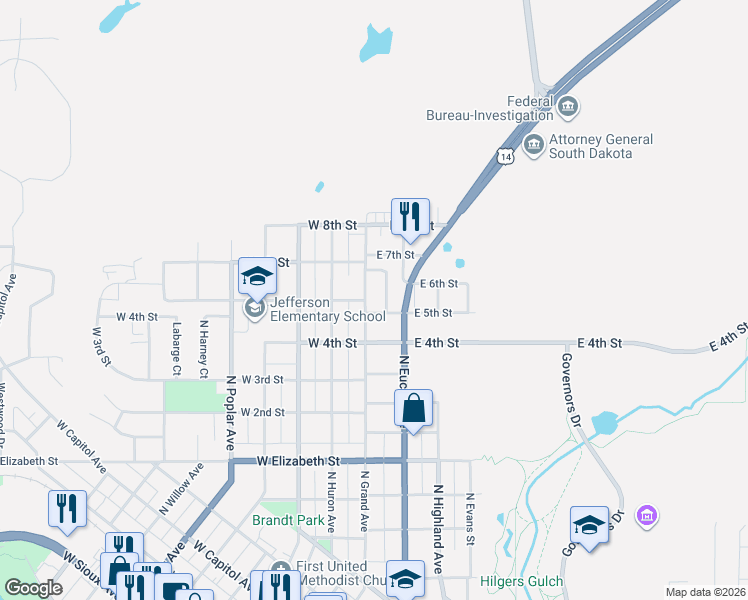 map of restaurants, bars, coffee shops, grocery stores, and more near 1104 North Grand Avenue in Pierre