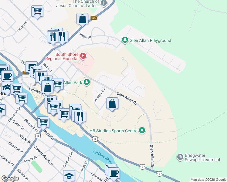 map of restaurants, bars, coffee shops, grocery stores, and more near Glen Allan Drive in Bridgewater