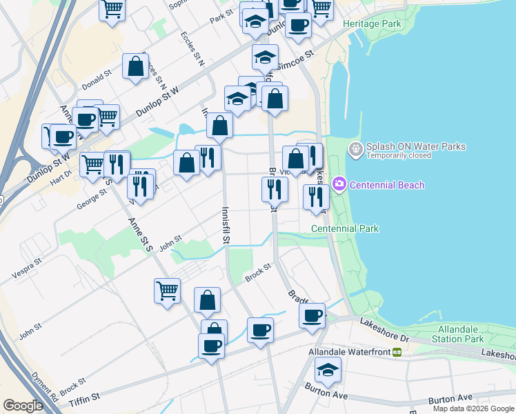 map of restaurants, bars, coffee shops, grocery stores, and more near 54 John Street in Barrie