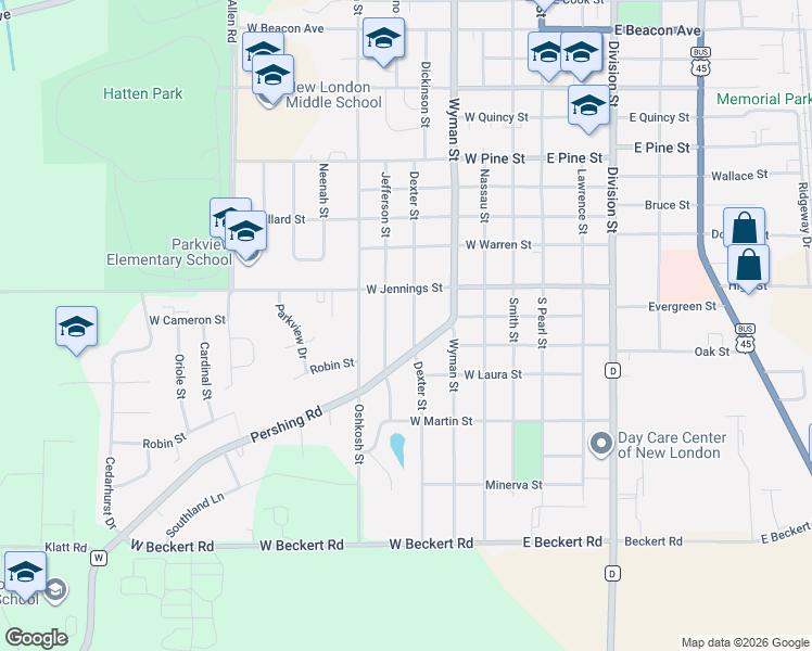 map of restaurants, bars, coffee shops, grocery stores, and more near 1505 Dexter Street in New London