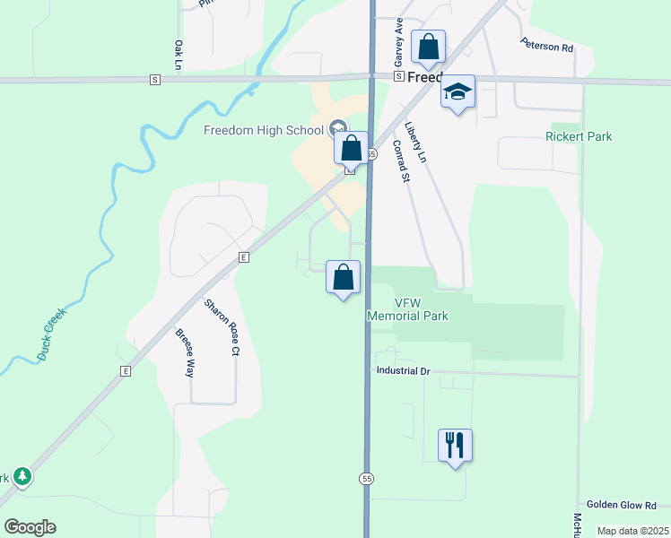 map of restaurants, bars, coffee shops, grocery stores, and more near N3932 Washington Avenue in Freedom