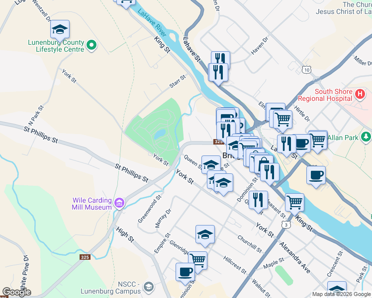 map of restaurants, bars, coffee shops, grocery stores, and more near 83 Victoria Road in Bridgewater