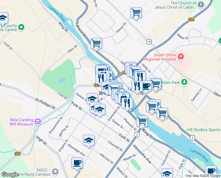 map of restaurants, bars, coffee shops, grocery stores, and more near 740 King Street in Bridgewater
