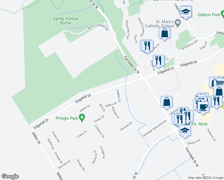 map of restaurants, bars, coffee shops, grocery stores, and more near 329 Edgehill Drive in Barrie