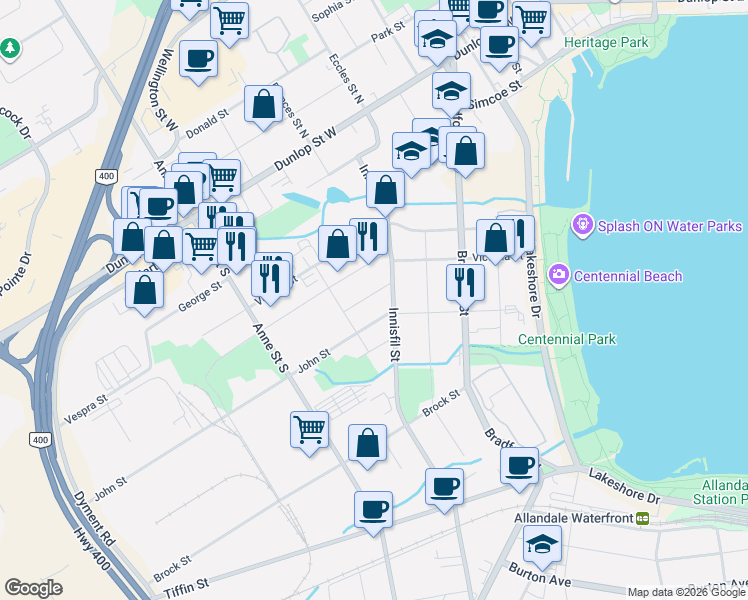map of restaurants, bars, coffee shops, grocery stores, and more near in Barrie