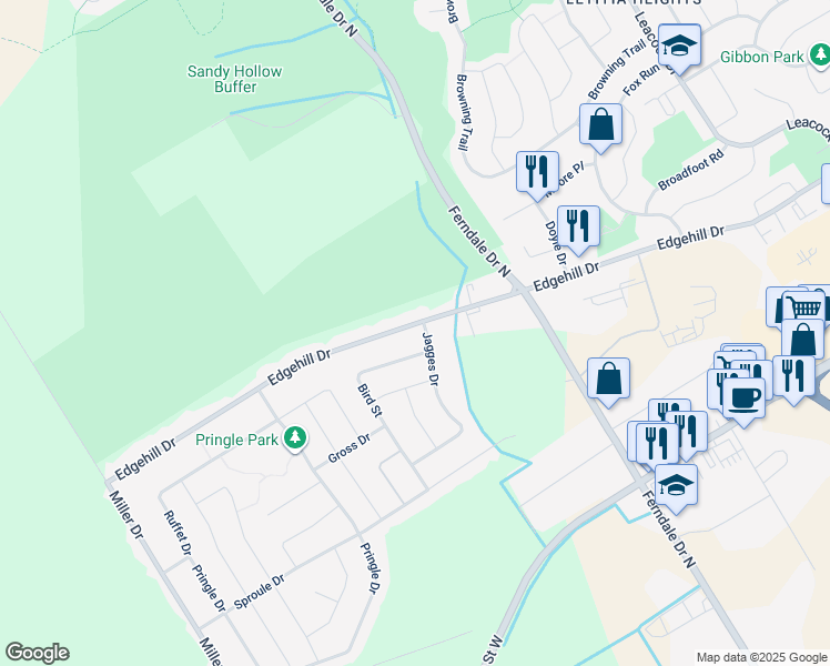 map of restaurants, bars, coffee shops, grocery stores, and more near 325 Edgehill Drive in Barrie