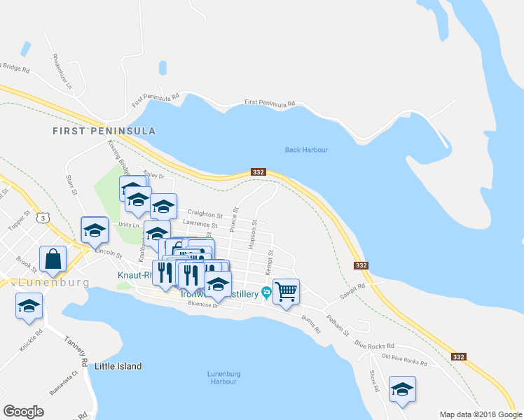 map of restaurants, bars, coffee shops, grocery stores, and more near 112 Hopson Street in Lunenburg