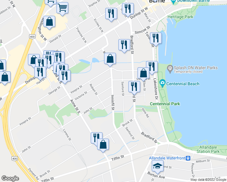 map of restaurants, bars, coffee shops, grocery stores, and more near 97 Innisfil Street in Barrie