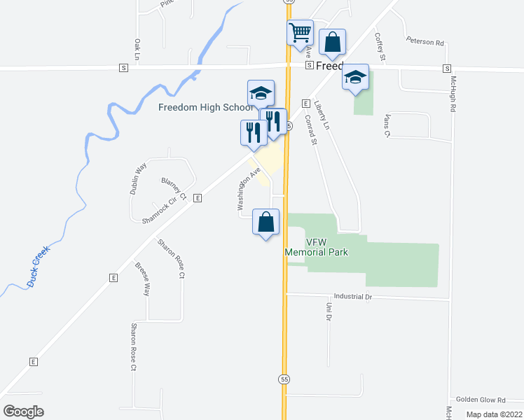 map of restaurants, bars, coffee shops, grocery stores, and more near N3932 Washington Avenue in Freedom