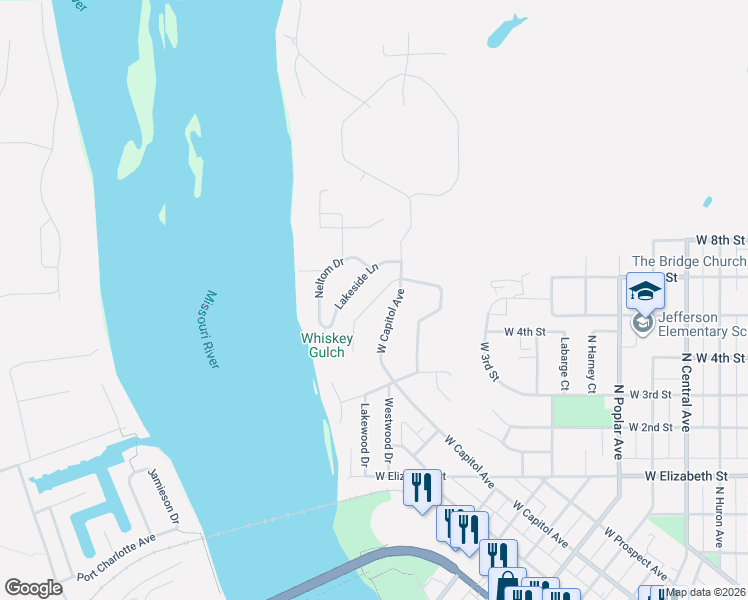 map of restaurants, bars, coffee shops, grocery stores, and more near River Road in Pierre