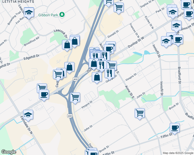 map of restaurants, bars, coffee shops, grocery stores, and more near 25 Hart Drive in Barrie