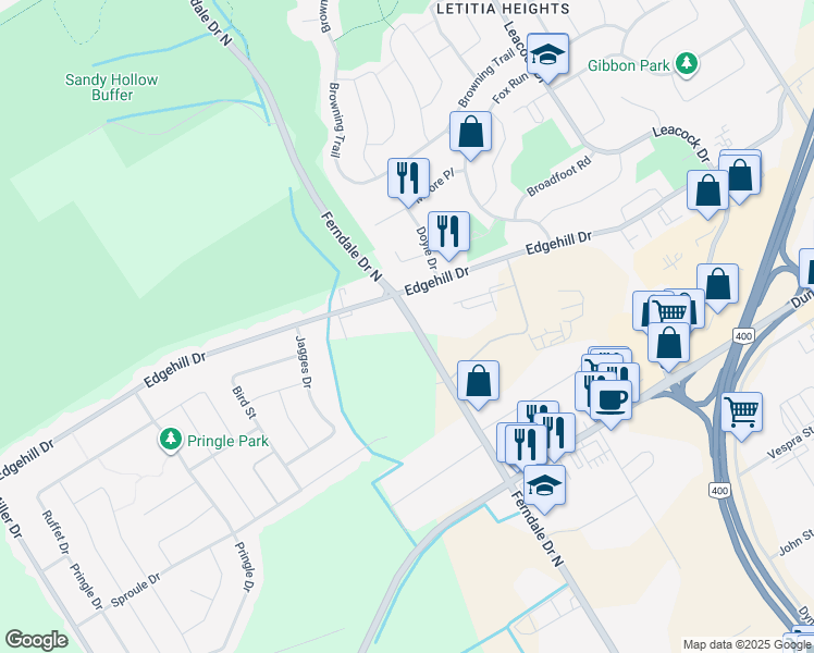 map of restaurants, bars, coffee shops, grocery stores, and more near 194 Ferndale Drive North in Barrie