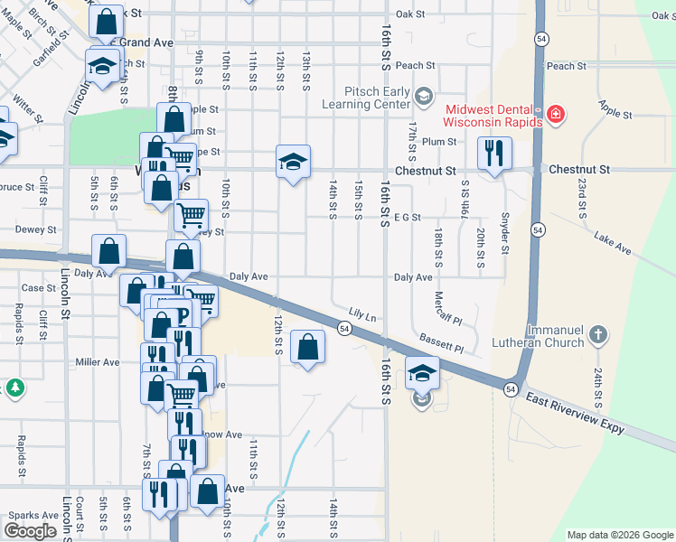 map of restaurants, bars, coffee shops, grocery stores, and more near 1241 14th Street South in Wisconsin Rapids