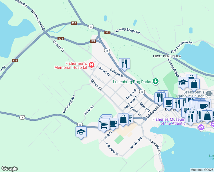 map of restaurants, bars, coffee shops, grocery stores, and more near 143 Brook Street in Lunenburg