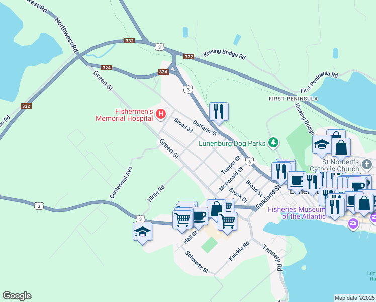 map of restaurants, bars, coffee shops, grocery stores, and more near 143 Brook Street in Lunenburg