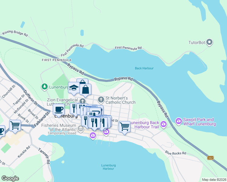 map of restaurants, bars, coffee shops, grocery stores, and more near 9 Prince Street in Lunenburg