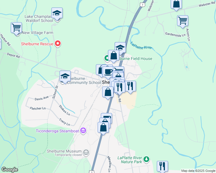 map of restaurants, bars, coffee shops, grocery stores, and more near 249 Shelburnewood Drive in Shelburne
