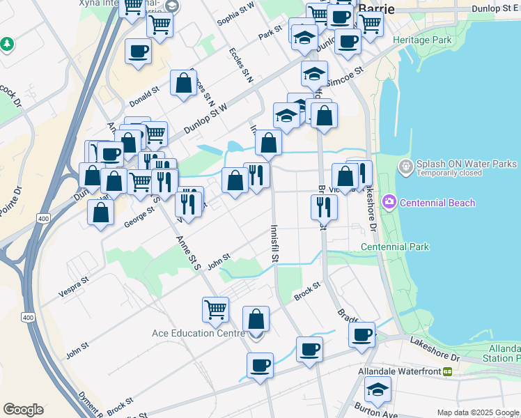 map of restaurants, bars, coffee shops, grocery stores, and more near 8 Dufferin Street in Barrie
