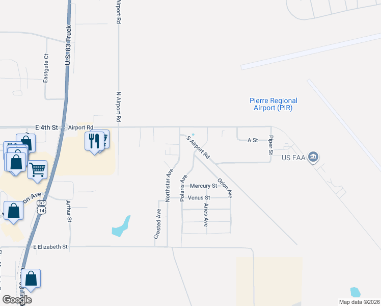 map of restaurants, bars, coffee shops, grocery stores, and more near Polaris Avenue in Pierre