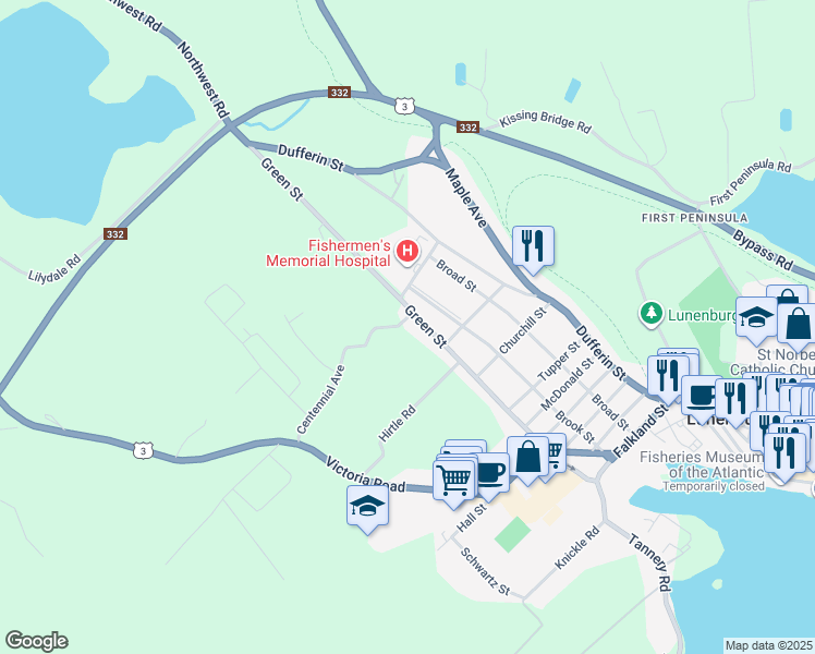 map of restaurants, bars, coffee shops, grocery stores, and more near 95 Centennial Avenue in Lunenburg