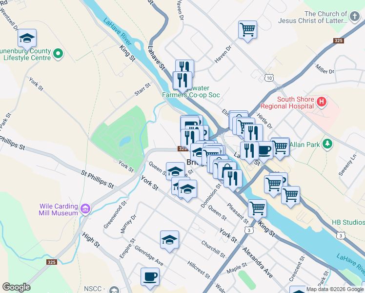 map of restaurants, bars, coffee shops, grocery stores, and more near 40 Victoria Road in Bridgewater