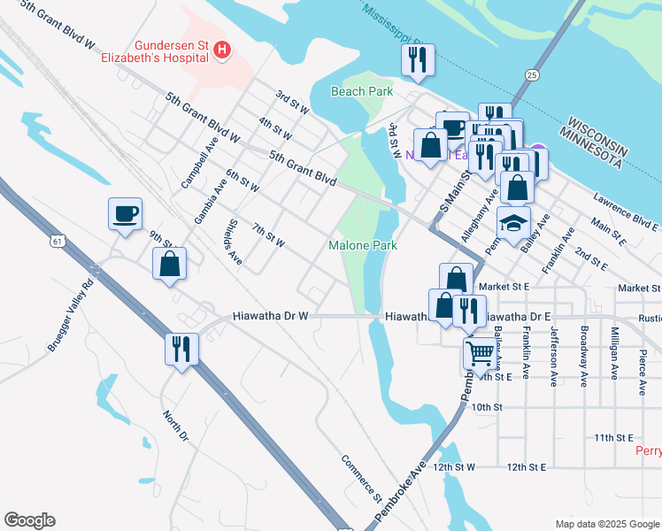 map of restaurants, bars, coffee shops, grocery stores, and more near 524 7th Street West in Wabasha
